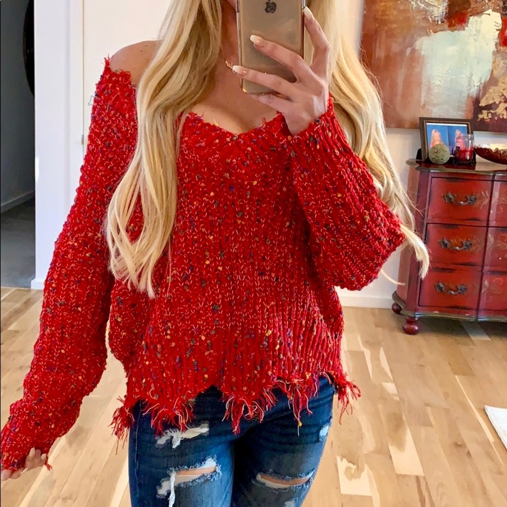 Red V-Neck Distressed Sweater - Picture 6 of 7